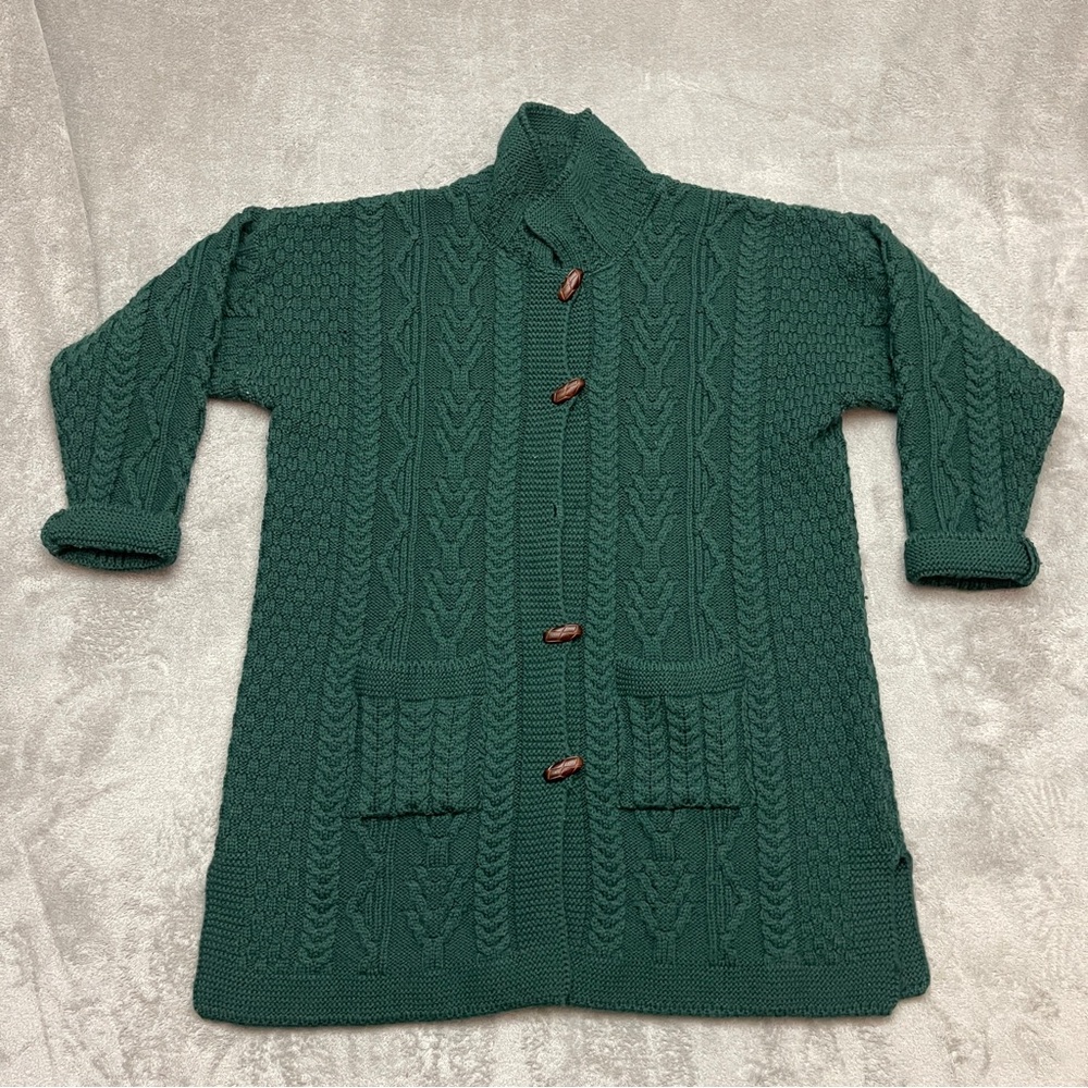 Aran Crafts Sweater Womens L Green Merino Wool Long Cardigan Made in Ireland